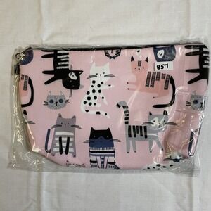 The Pouch Cosmetic Bag Women Small Pink NWT Cat Print Zipper Travel Pouch 8x5